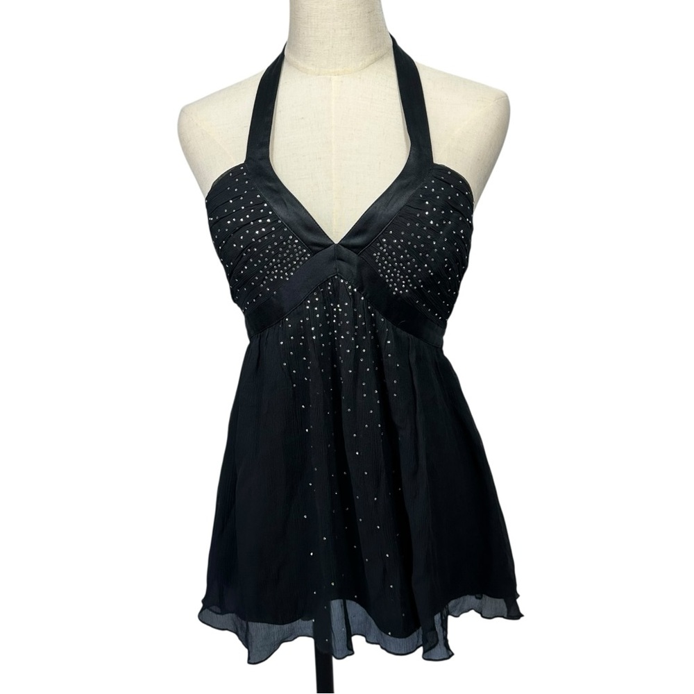 VTG Y2K Express Halter Babydoll Top 6 Rhinestone 100%‎ Silk Tank Retro Going Out - Picture 10 of 10